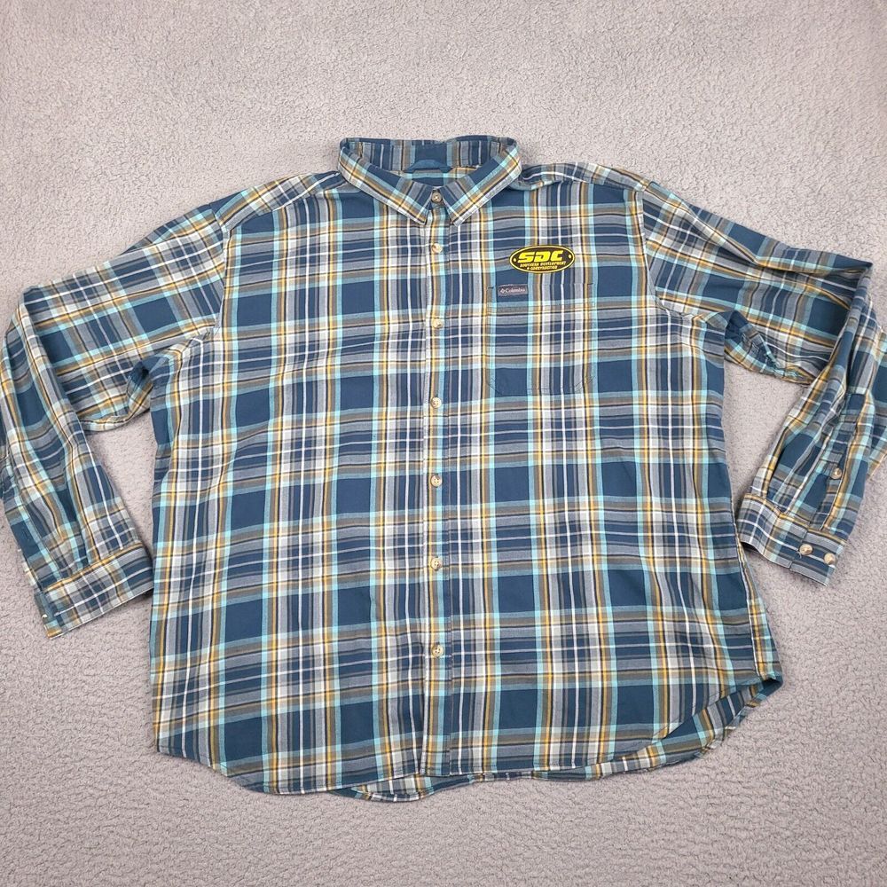 Columbia‎ Shirt Mens XXL Blue Aqua Plaid Southern Development Construction Logo